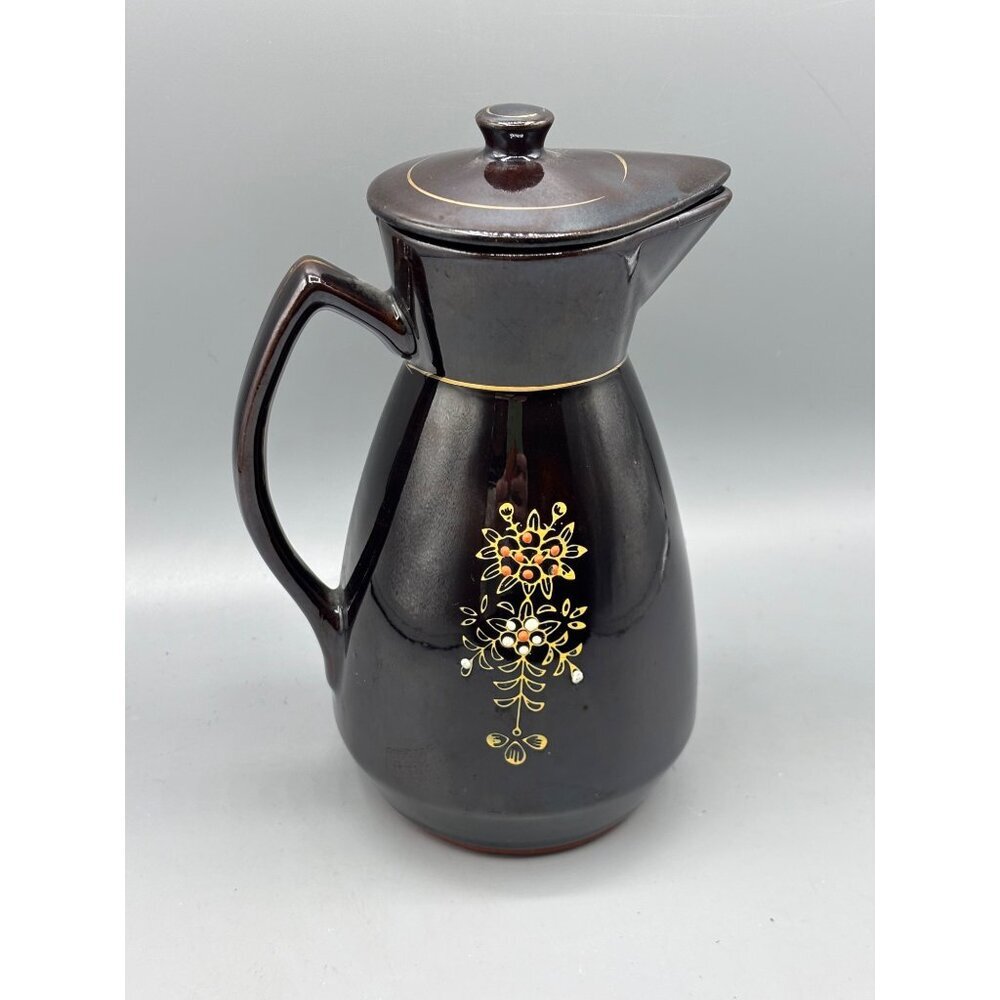 Vtg Redware Coffee Pot‎ Black Ceramic Japan Hand Painted
